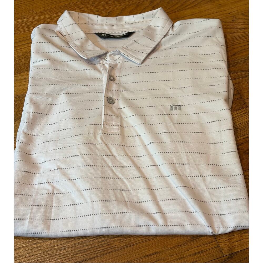 TravisMathew Polo Shirt Men’s Large White Gray Striped Golf Performance